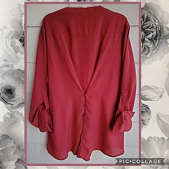 Rotita Red Burgundy Lace Overlay Long Roll-tab Sleeve V-neck Henley Tunic Top - Picture 16 of 16